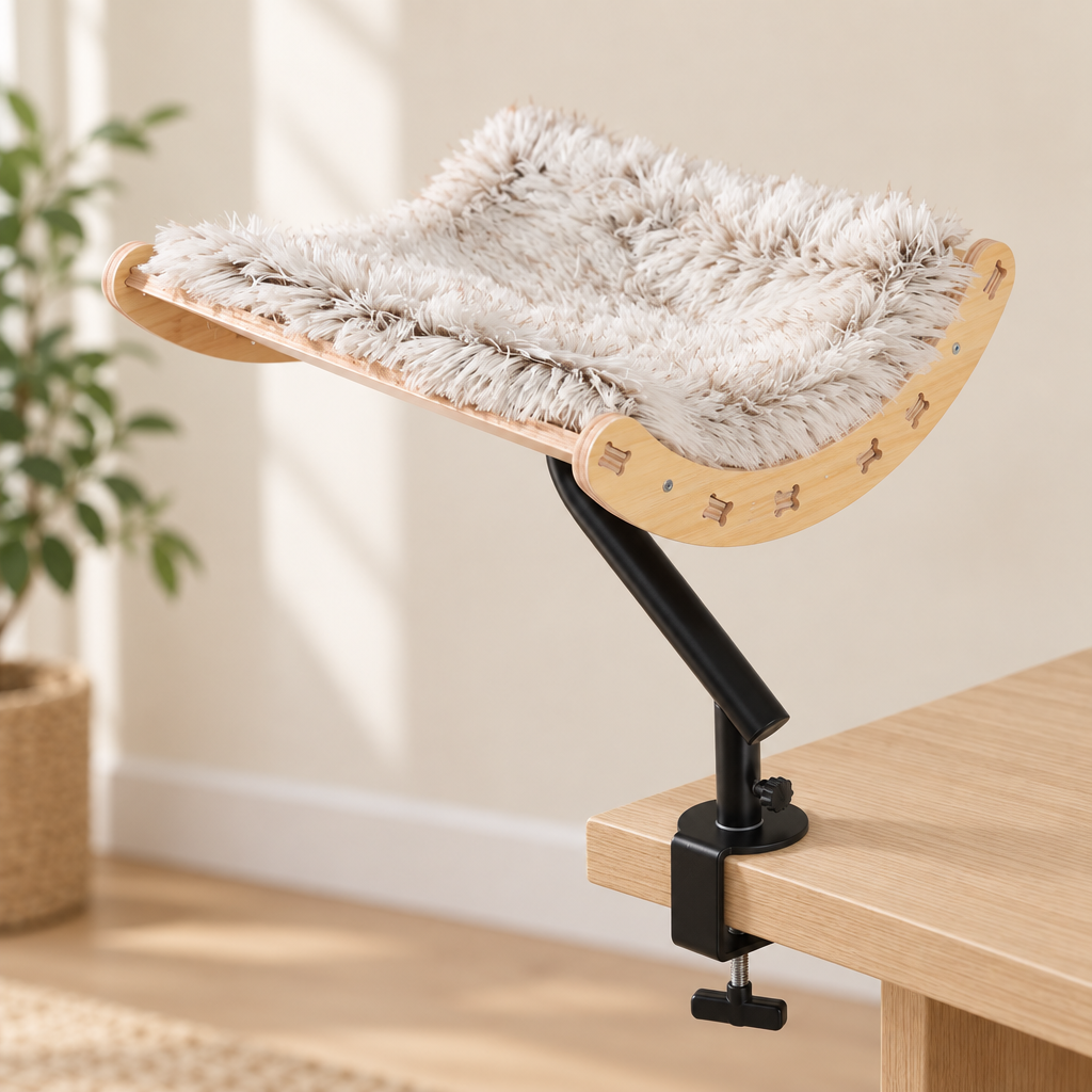 Hamac de Bureau Léon simple en bois naturel fixé au bord d'un bureau en chêne clair