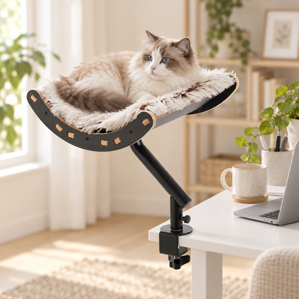 Chat à poils longs couché dans le Hamac de Bureau Léon simple en bois noir, fixé à un bureau blanc