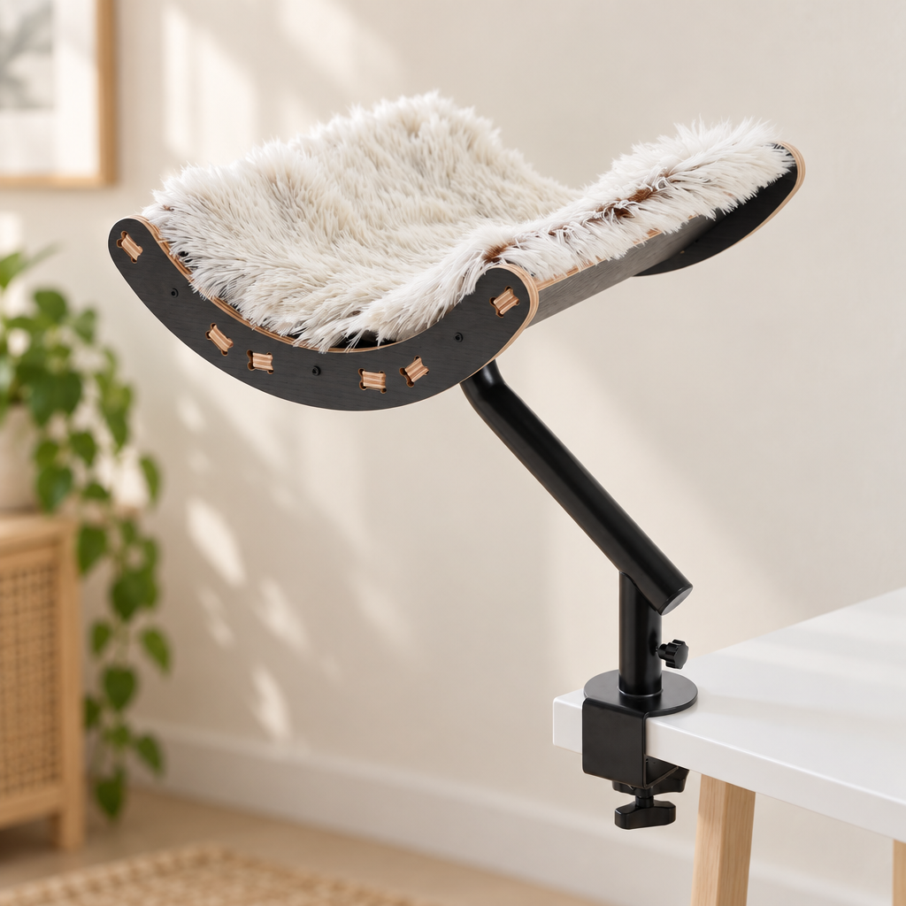 Hamac de Bureau Léon simple en bois noir fixé au bord d'un bureau blanc