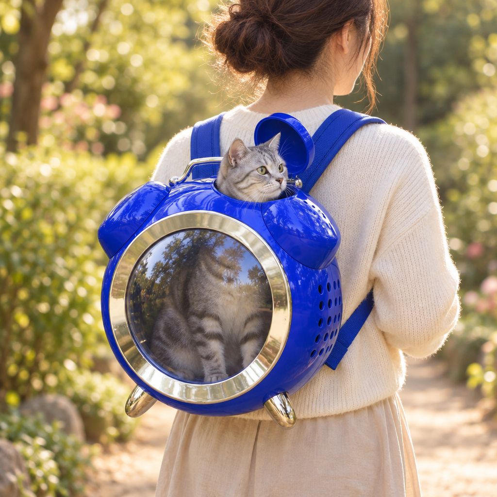 Sac à dos bleu roi porté dans un jardin, la tête du chat sort d'une trappe du dessus