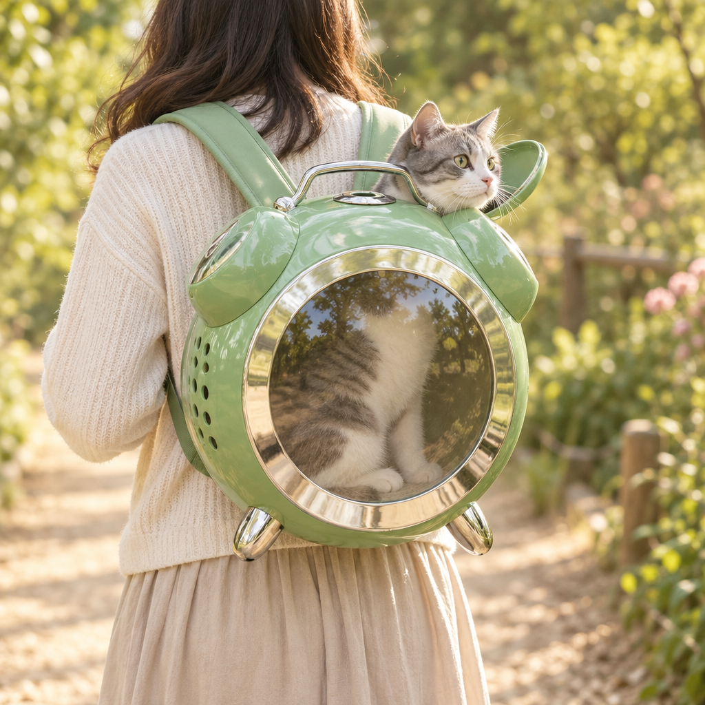 Sac à dos vert sauge porté dans un jardin, la tête du chat sort d'une trappe du dessus