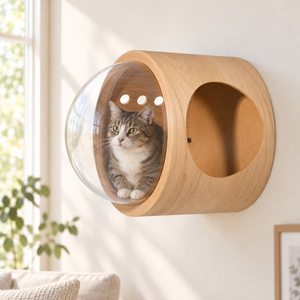 Le hublot fixé au mur, un chat installé derrière le dôme transparent