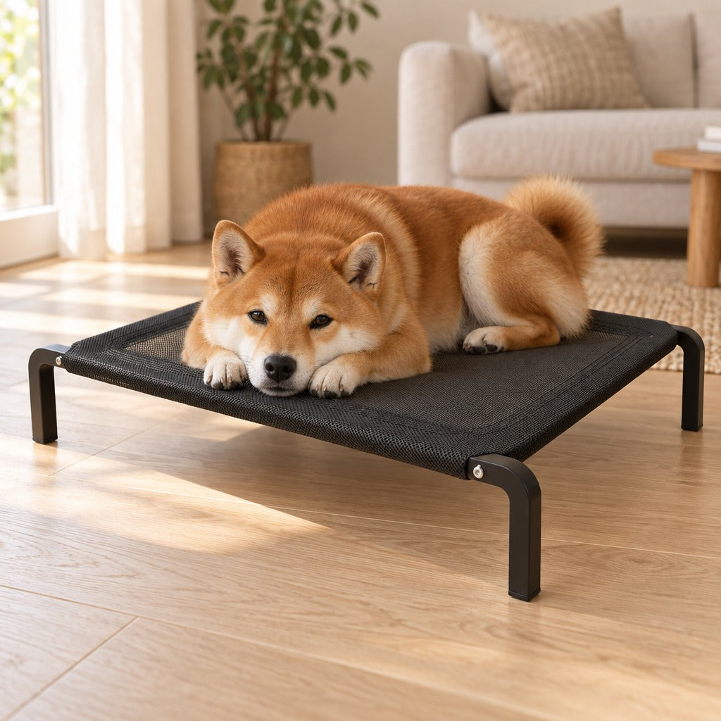Shiba Inu roux couché, le menton posé sur ses pattes avant, sur le lit de camp noir dans un salon clair.