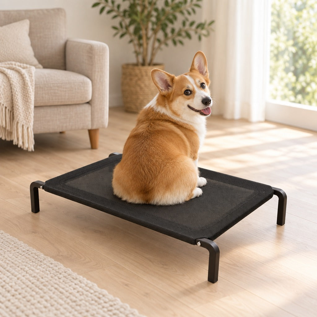 Corgi fauve assis sur le lit de camp noir posé au sol d'un salon lumineux, la tête tournée vers l'objectif.