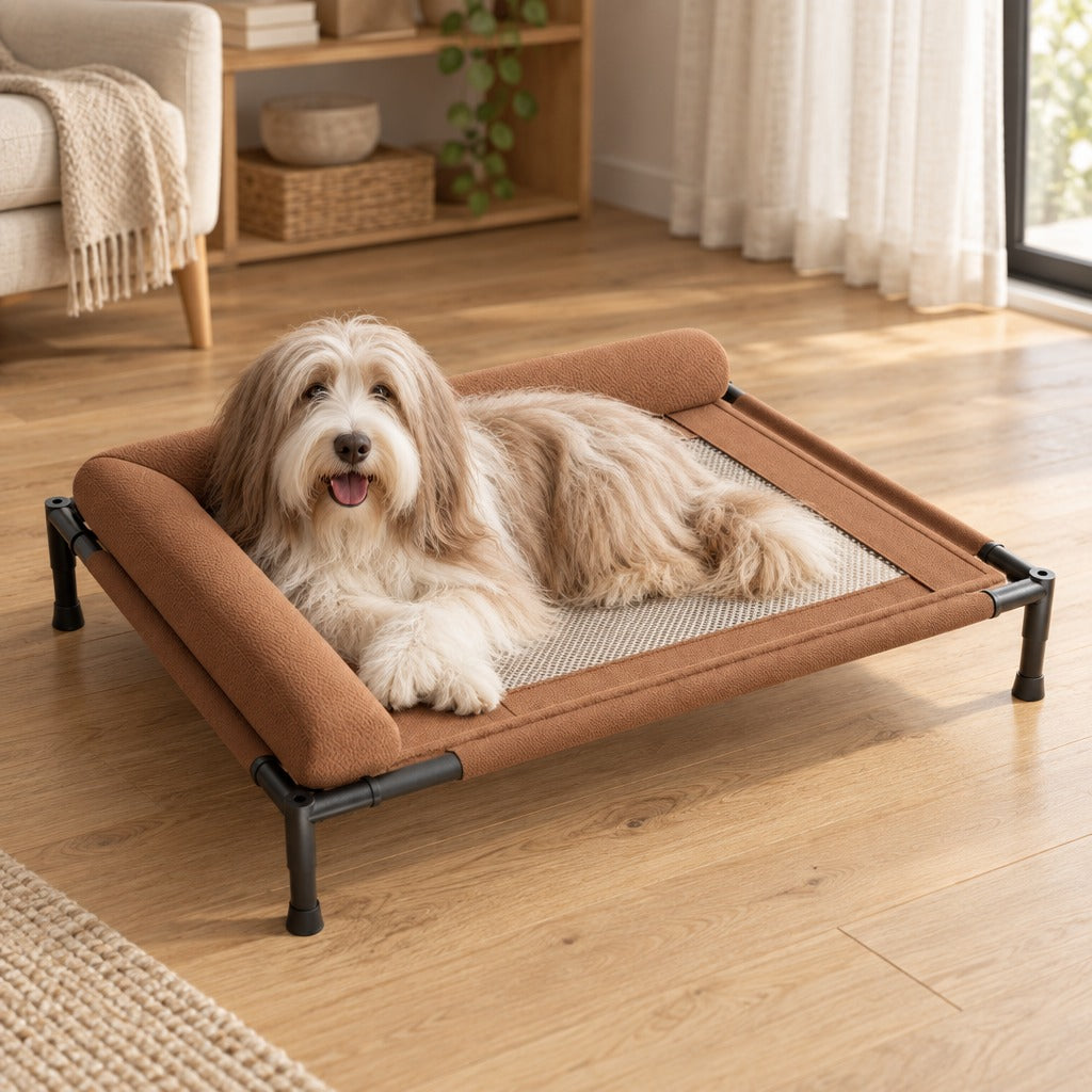 Un bearded collie blanc crème couché sur le lit tendu brun caramel, dans un coin de salon lumineux.
