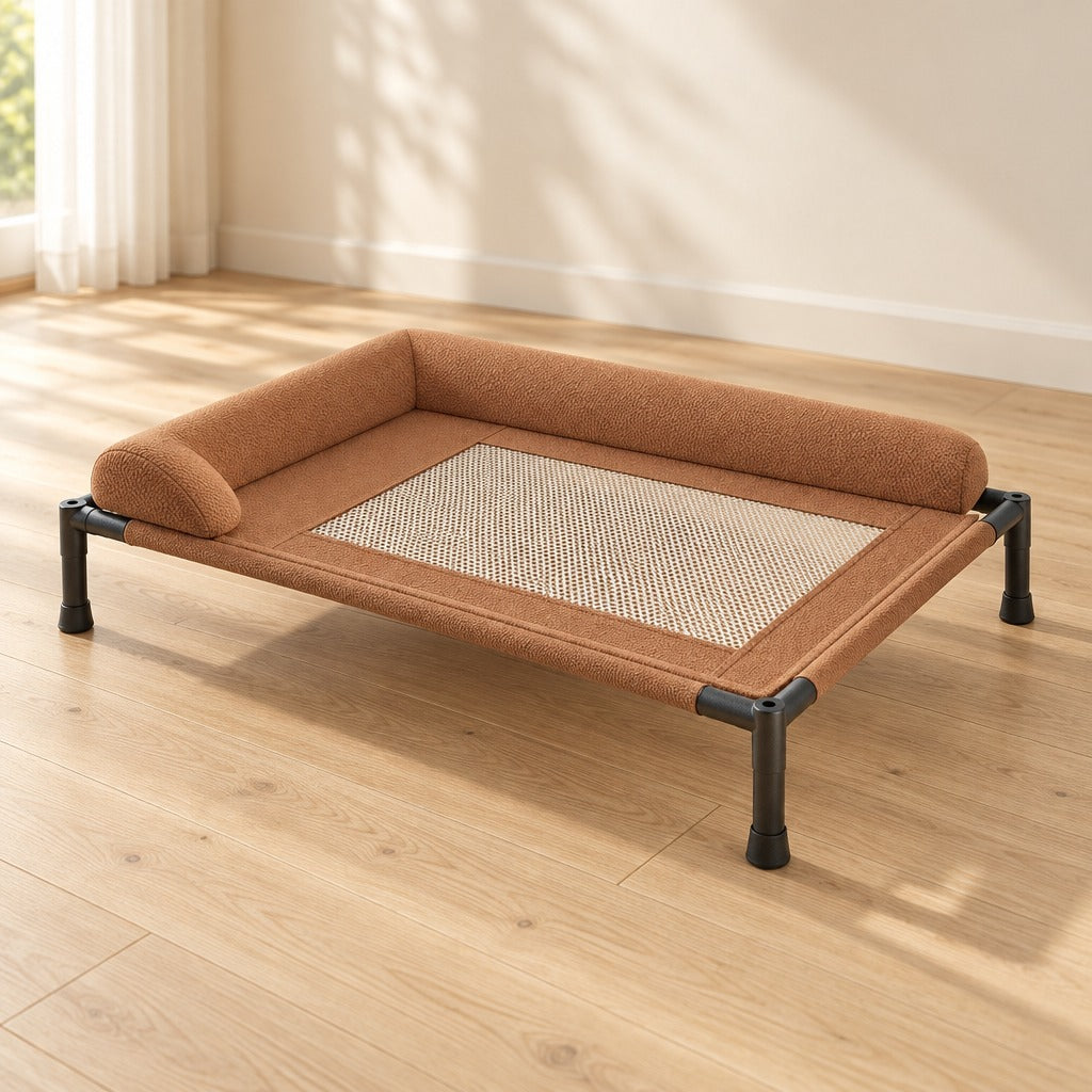 Le lit tendu brun caramel seul sur un parquet clair, son boudin en L sur deux côtés et ses quatre pieds noirs bien visibles.