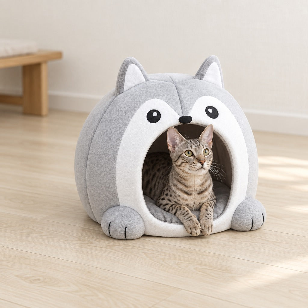 Un chat tigré gris couché en sphinx dans la maison caverne gris perle posée au sol dans une pièce claire.