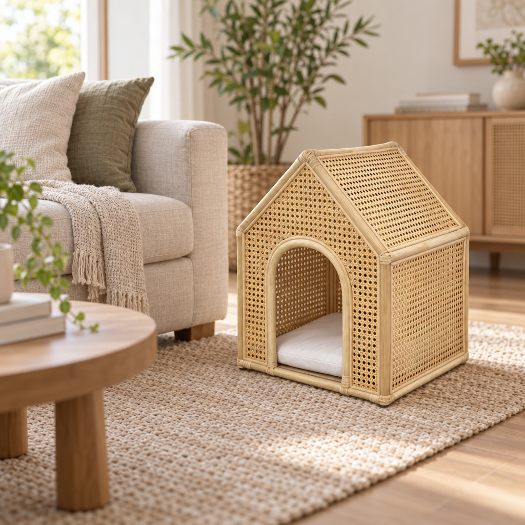 Maison en Rotin Colette posée dans un salon clair, à côté d'un fauteuil en lin et d'une table basse en bois