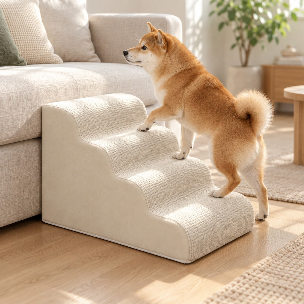 Un Shiba Inu fauve grimpe les marches du marchepied en mousse crème posé contre un canapé clair dans un salon lumineux