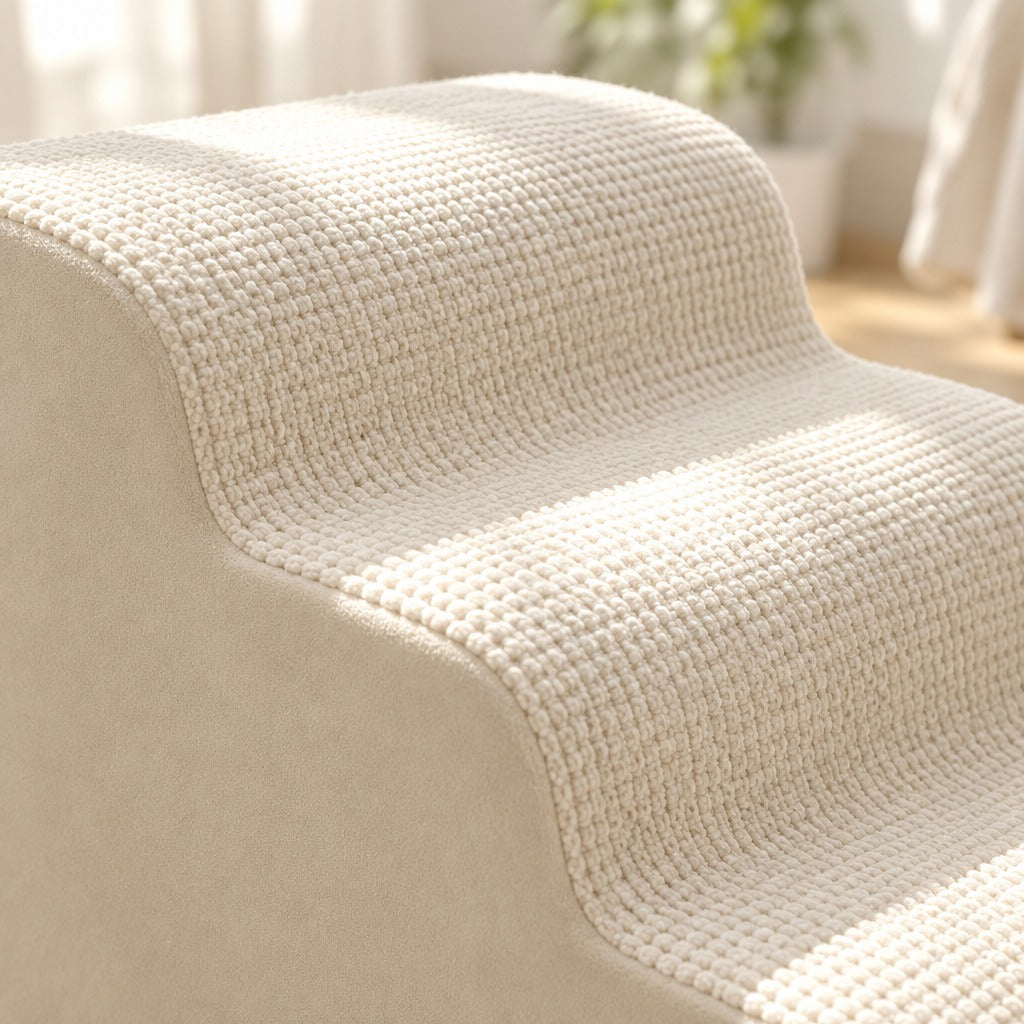 Gros plan sur la maille à picots crème des marches du marchepied et sur le textile ras et mat de son flanc