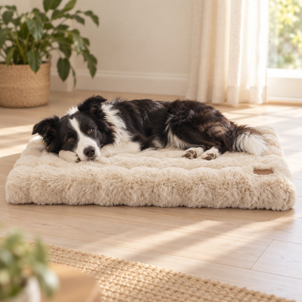 Border collie noir et blanc couché sur le matelas crème posé au sol dans un salon clair.