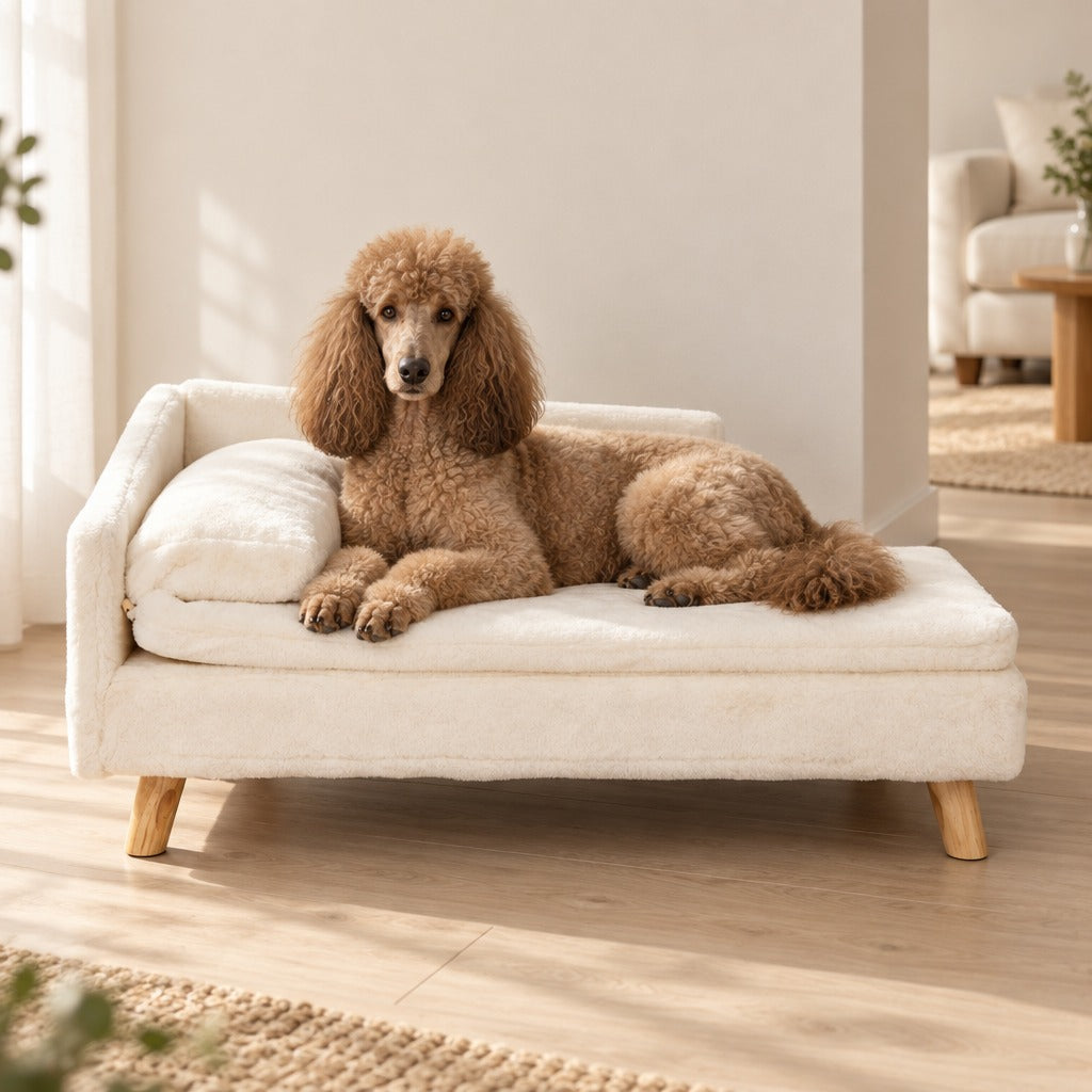 Un caniche royal sable couché en sphinx sur la méridienne en L ivoire, dans un salon clair au parquet blond.