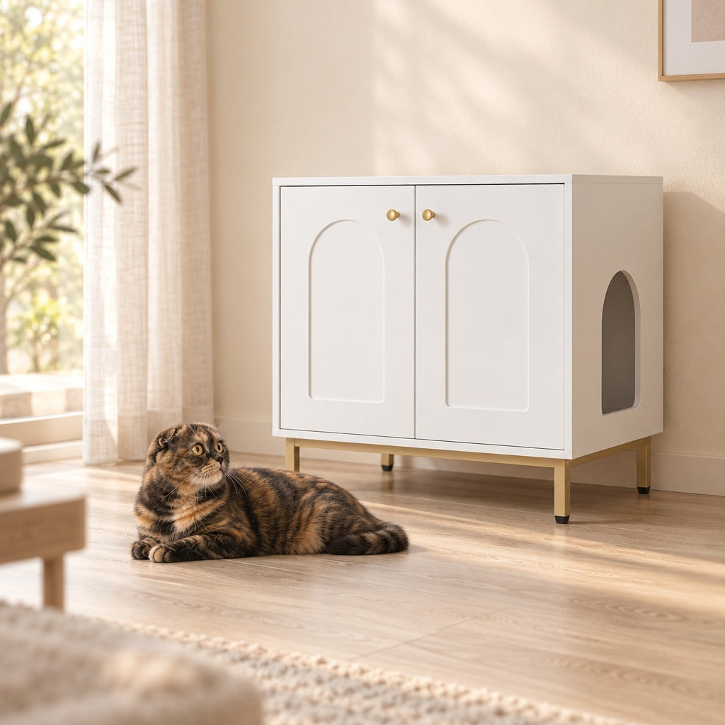 Chat écaille de tortue couché sur le parquet devant le meuble à litière blanc et doré, dans un salon clair.