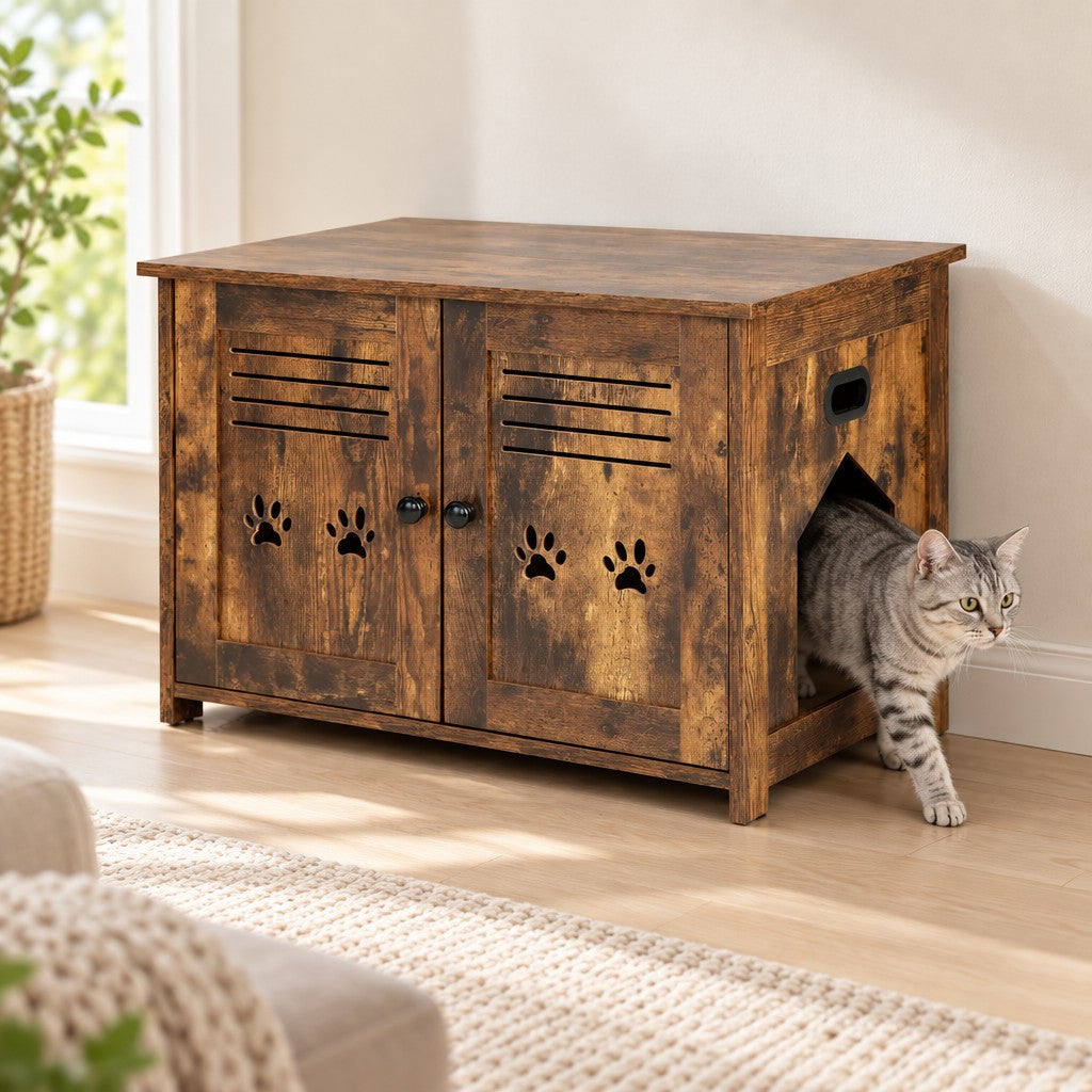 Un chat tigré qui sort par l'entrée latérale du meuble à litière brun rustique