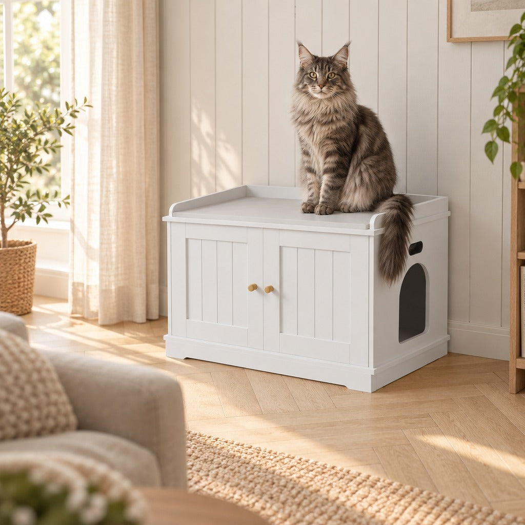 Grand chat tigré gris assis sur le plateau du meuble à litière coloris Blanc, dans un salon lumineux.