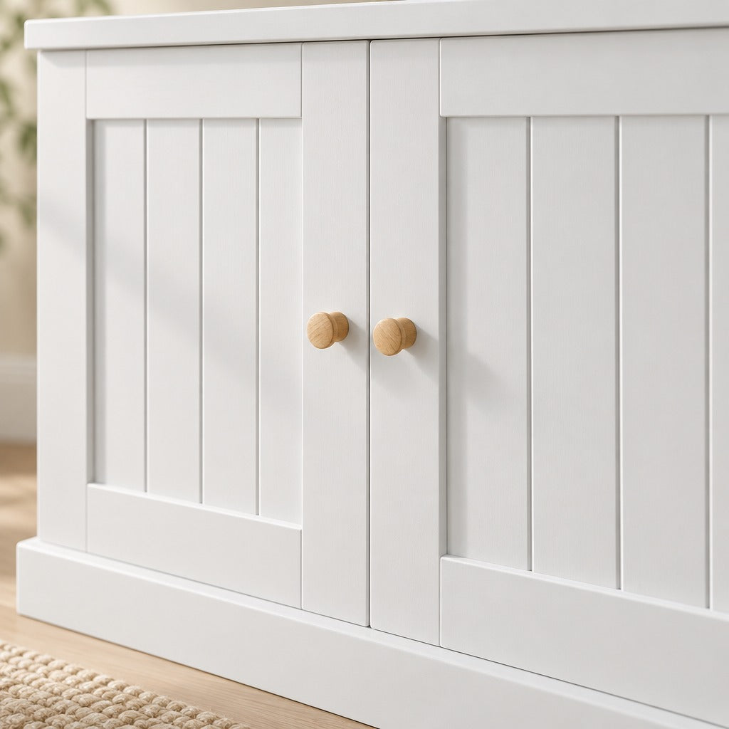Gros plan sur les deux portes rainurées du meuble à litière coloris Blanc et leurs boutons ronds en bois clair.