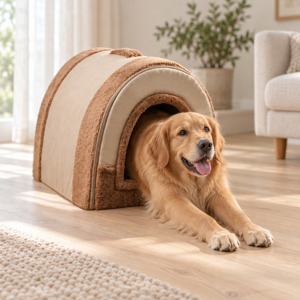 Golden retriever fauve à moitié sorti de la niche brun clair camel, les pattes avant étirées sur le parquet.