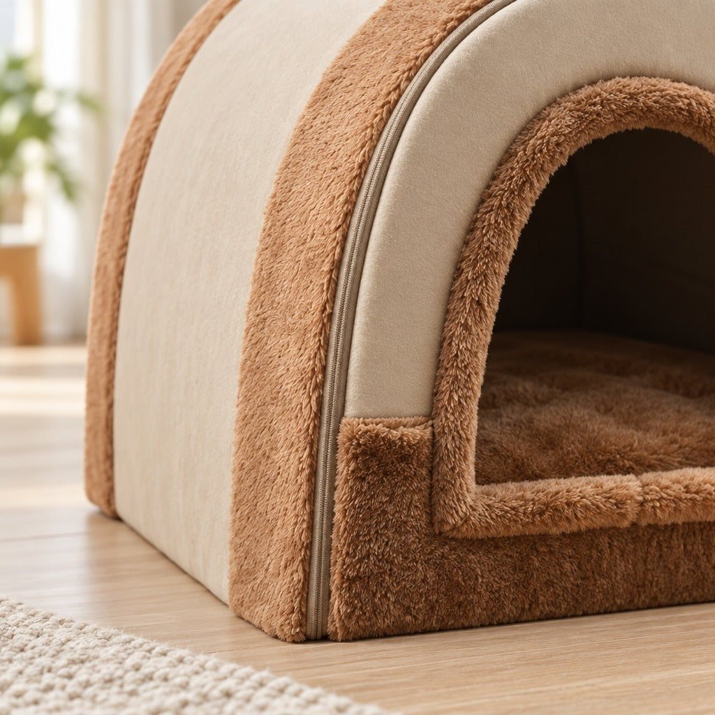 Gros plan sur le chambranle en peluche, le bandeau bas et la fermeture à glissière de la niche pour chien brun clair camel.