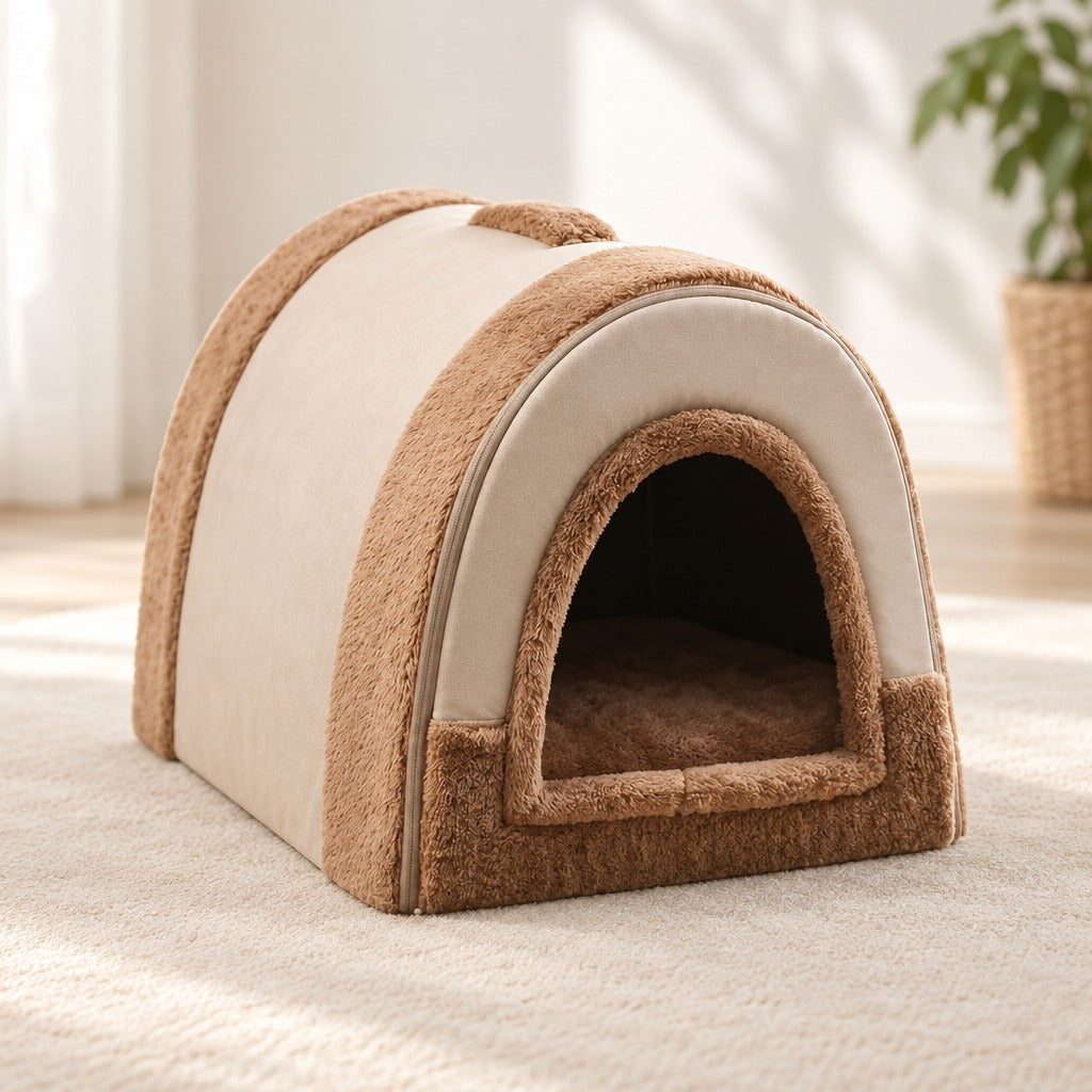 Niche pour chien brun clair posée seule sur un tapis clair, vue de trois quarts, ouverture tournée vers la droite.