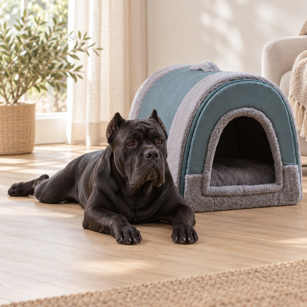Cane corso noir couché à plat ventre devant la niche bleu ardoise et gris pâle posée sur un parquet clair.