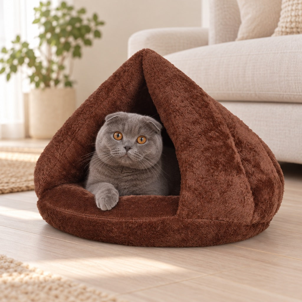 Chat Scottish Fold gris installé dans le nid cabane chocolat, une patte posée sur le bourrelet de la base, devant un canapé en lin.
