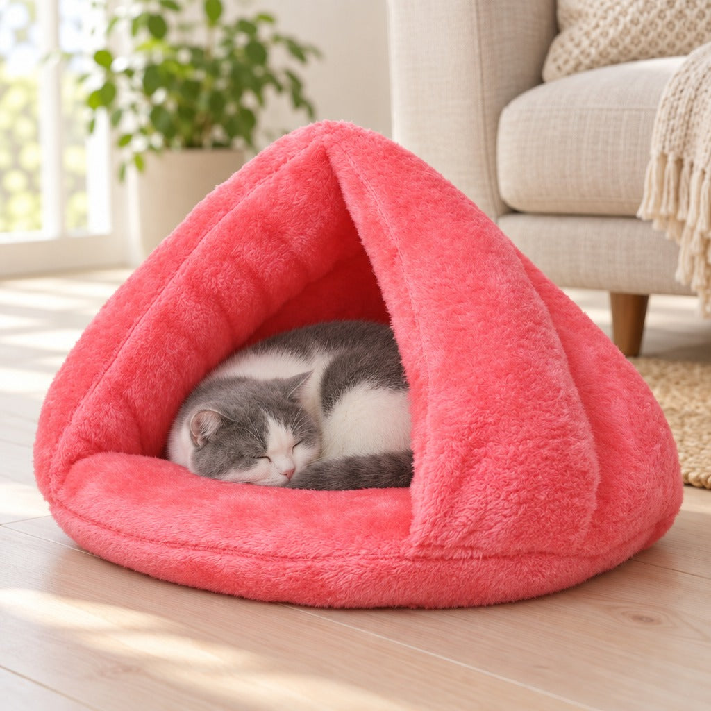 Chat munchkin gris et blanc endormi en boule dans le nid cabane corail, devant un fauteuil en lin.