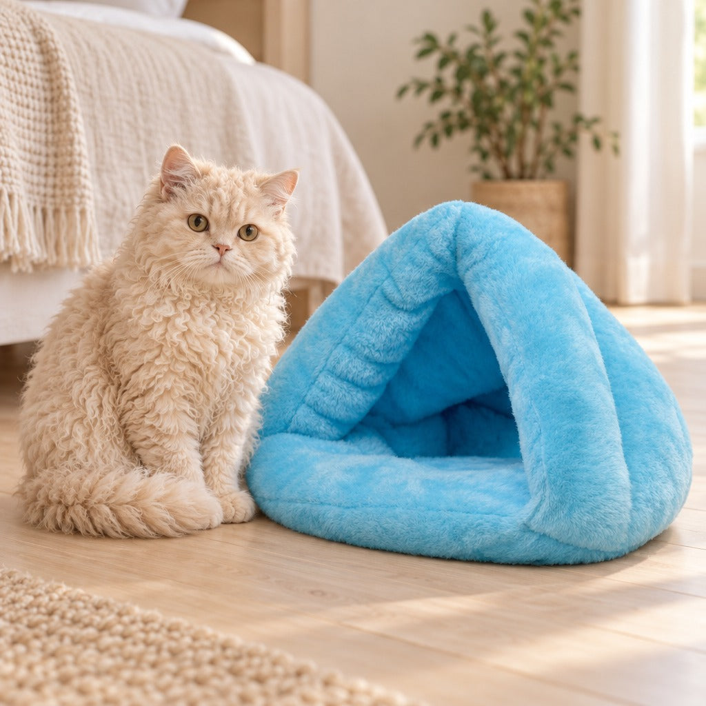 Chat Selkirk Rex au poil crème bouclé assis à côté du nid cabane bleu ciel, au pied d'un lit habillé de lin.