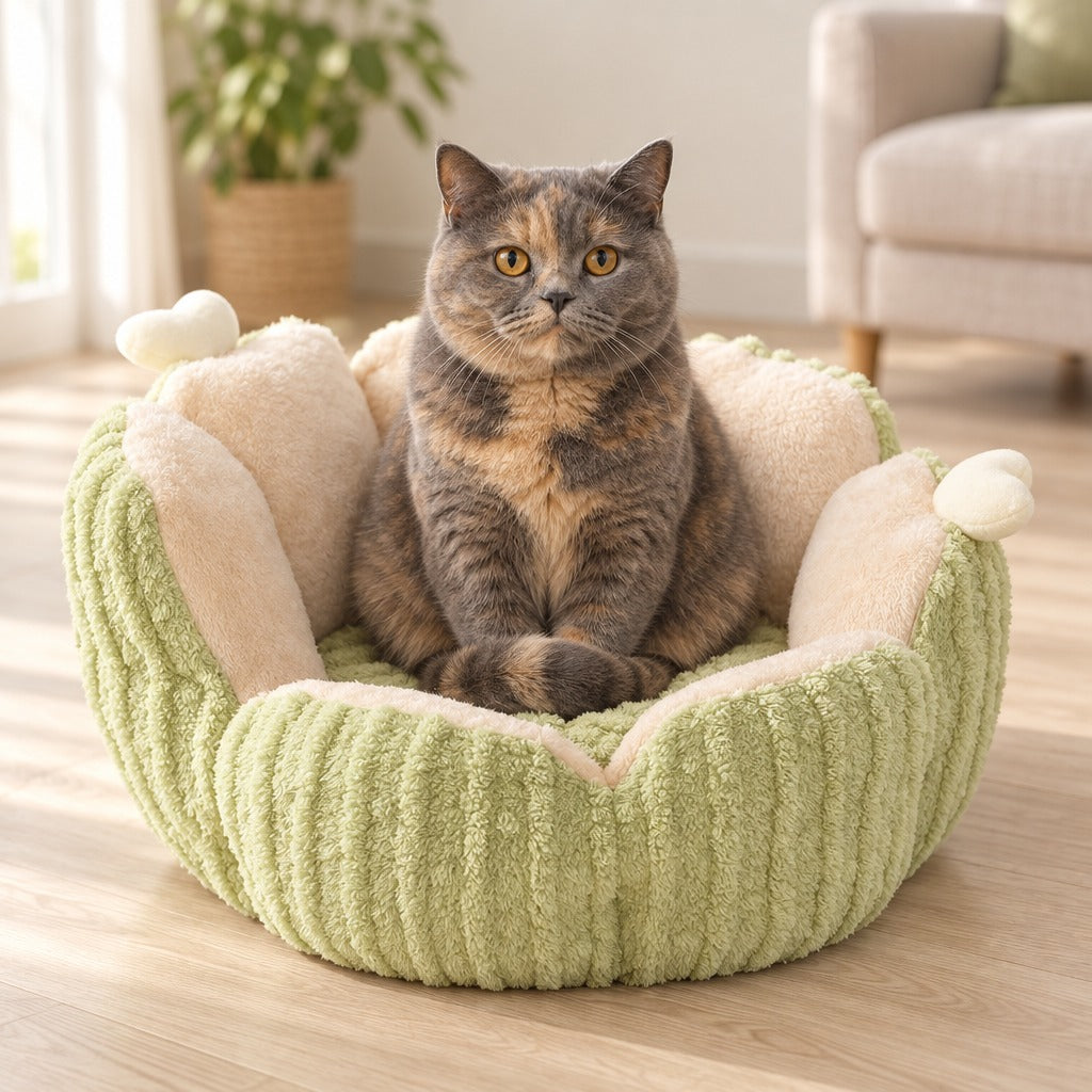 Un chat écaille de tortue assis bien droit dans le nid vert tendre, la queue ramenée devant les pattes, dans un salon clair.