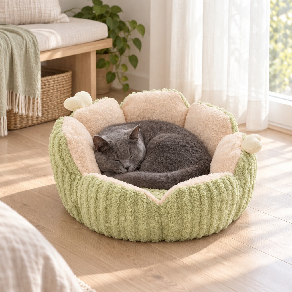 Un chat bleu roulé en boule dans le nid vert tendre, posé près d'une fenêtre dans une chambre claire.