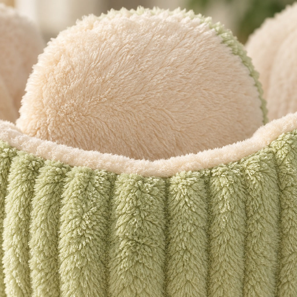 Gros plan sur la peluche à côtes verticales du nid vert tendre et sur la face intérieure crème d'un pétale.