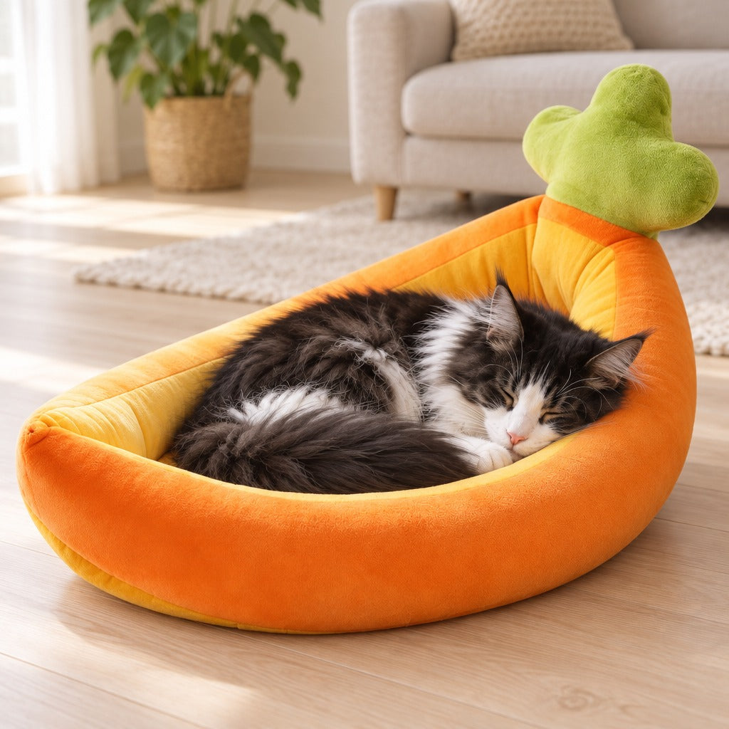 Un chat noir et blanc à poil long dort roulé en boule dans le nid carotte orange, sa pointe à gauche et ses fanes vertes à droite, sur un parquet clair.
