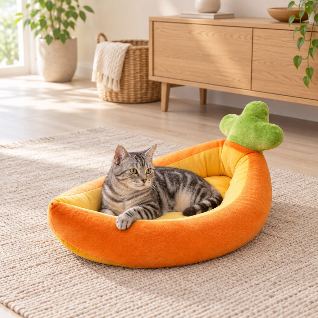Un chat silver tabby couché dans le nid carotte orange posé sur un tapis clair, une patte avant sur le rebord, devant un buffet en bois pâle.