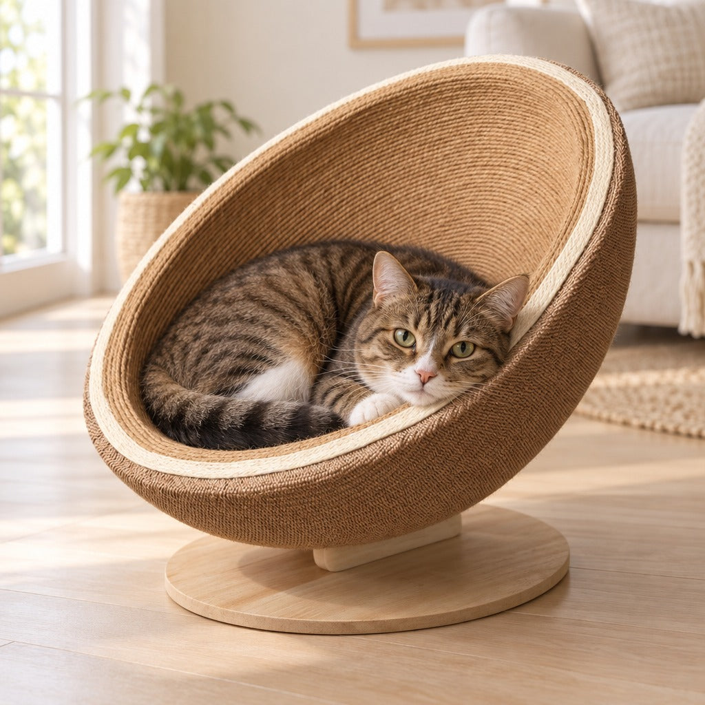 Le nid coquille dans un salon clair, un chat couché à l'intérieur, le menton sur la lèvre crème