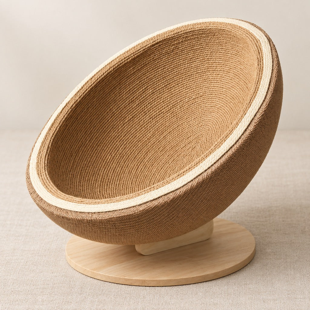 Le nid coquille vu de trois quarts, ouverture inclinée, pied et socle en bois clair