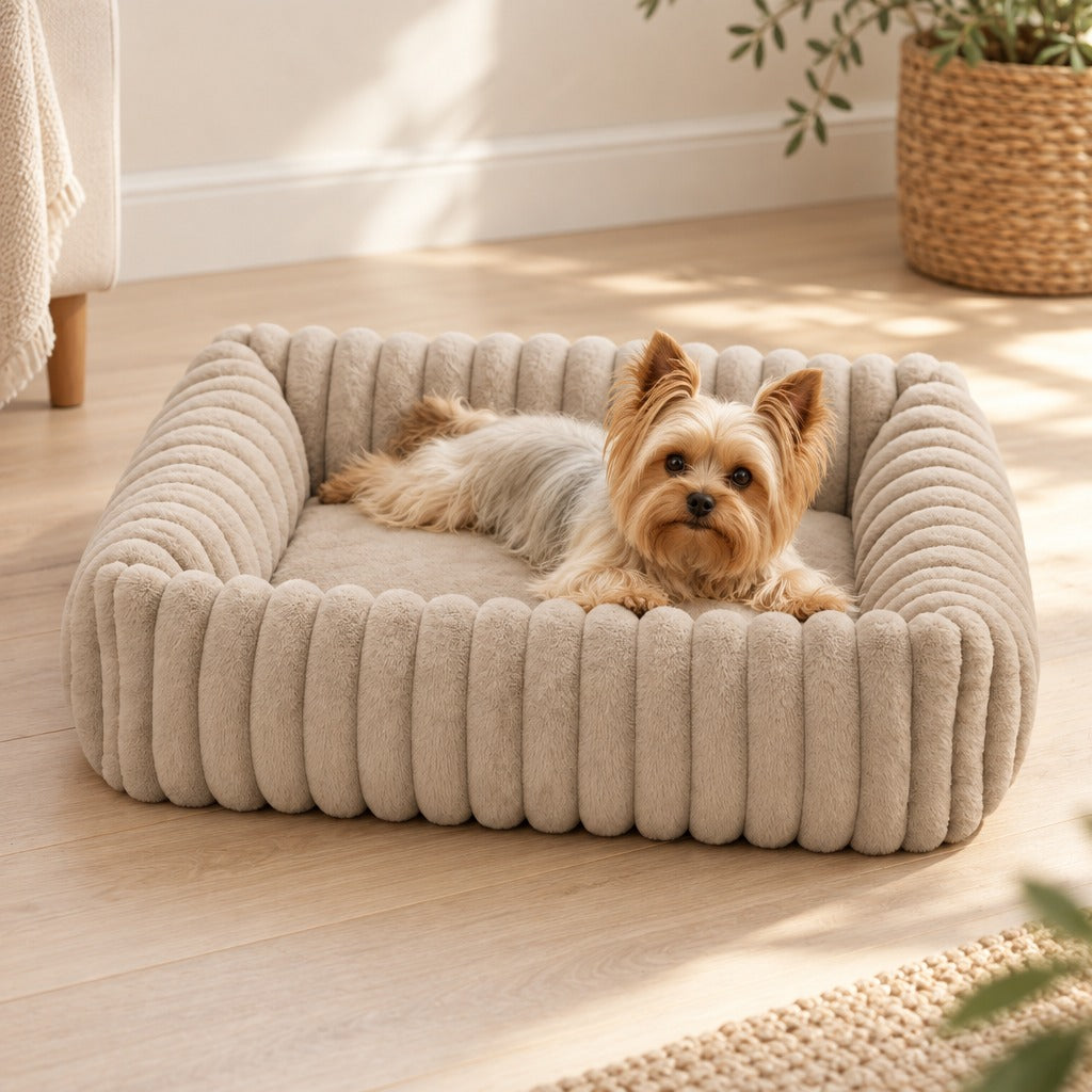 Petit chien yorkshire couché à plat ventre dans le nid taupe, sur un parquet clair.