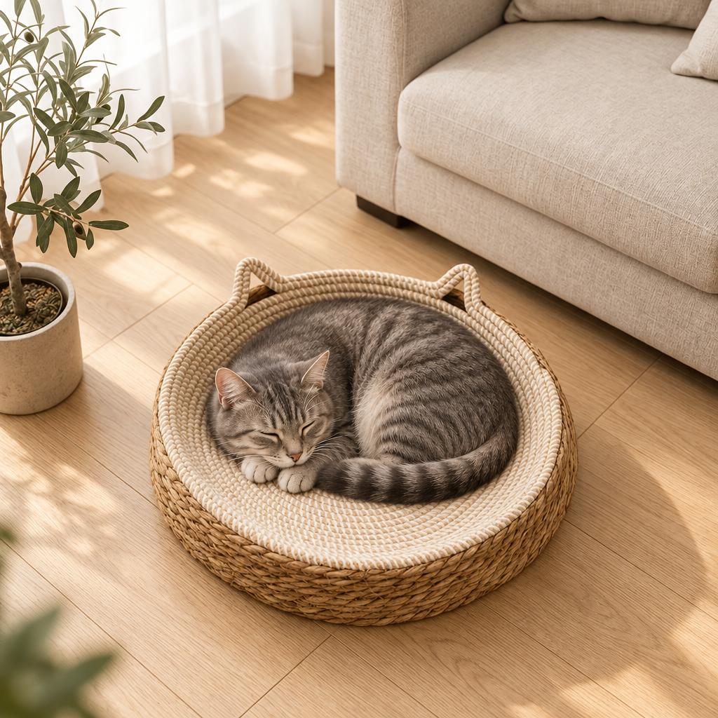 Chat tigré gris endormi en boule dans le Nid Griffoir Suzon, fond intérieur en coton crème et bord en corde de jute