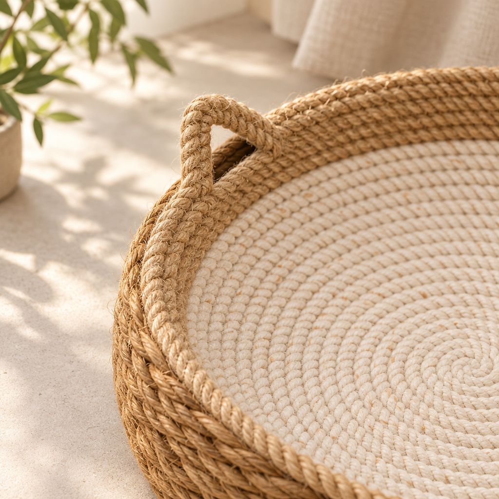 Bord en corde de jute torsadée et fond intérieur en coton crème du Nid Griffoir Suzon, avec une oreille