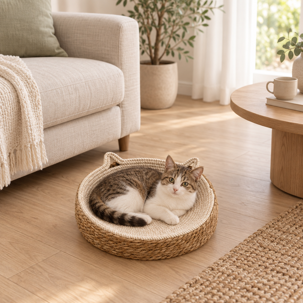 Salon clair avec canapé et table basse, le Nid Griffoir Suzon au sol et un chat couché dedans