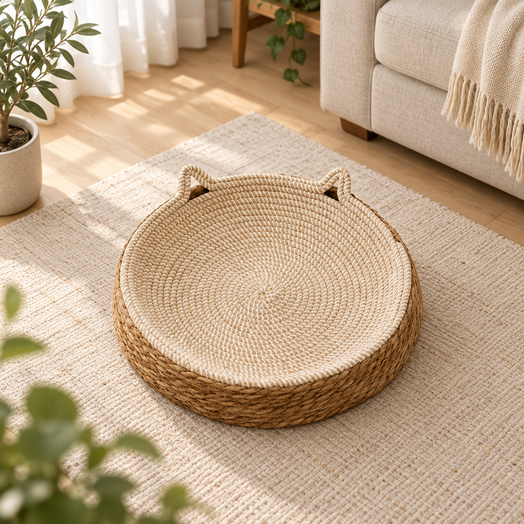 Nid Griffoir Suzon vide sur un tapis de lin, fond intérieur crème, paroi en jute et deux oreilles