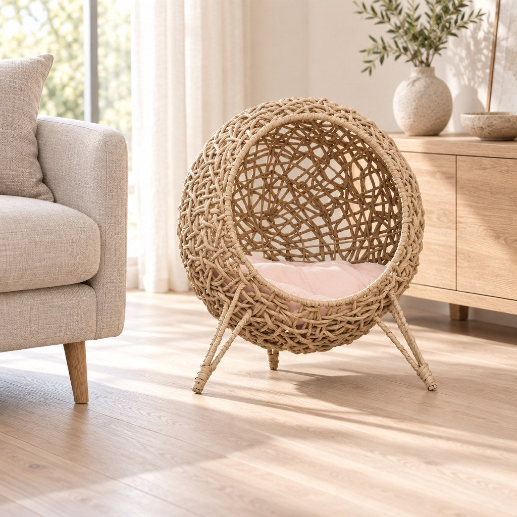 Le nid de 58 cm dans un salon clair, à côté d'un fauteuil en lin et d'une console