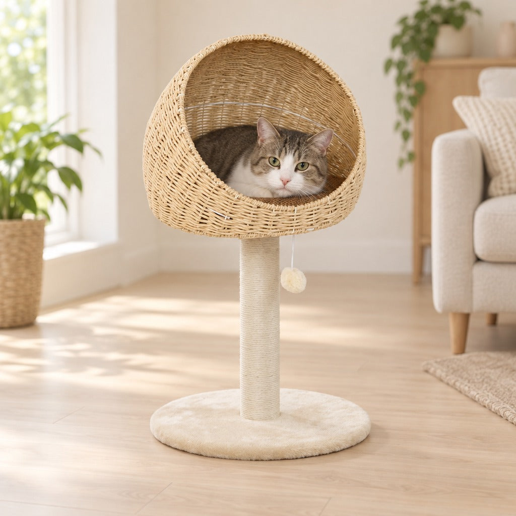 Le nid perché dans un salon clair, un chat couché dans le dôme tressé