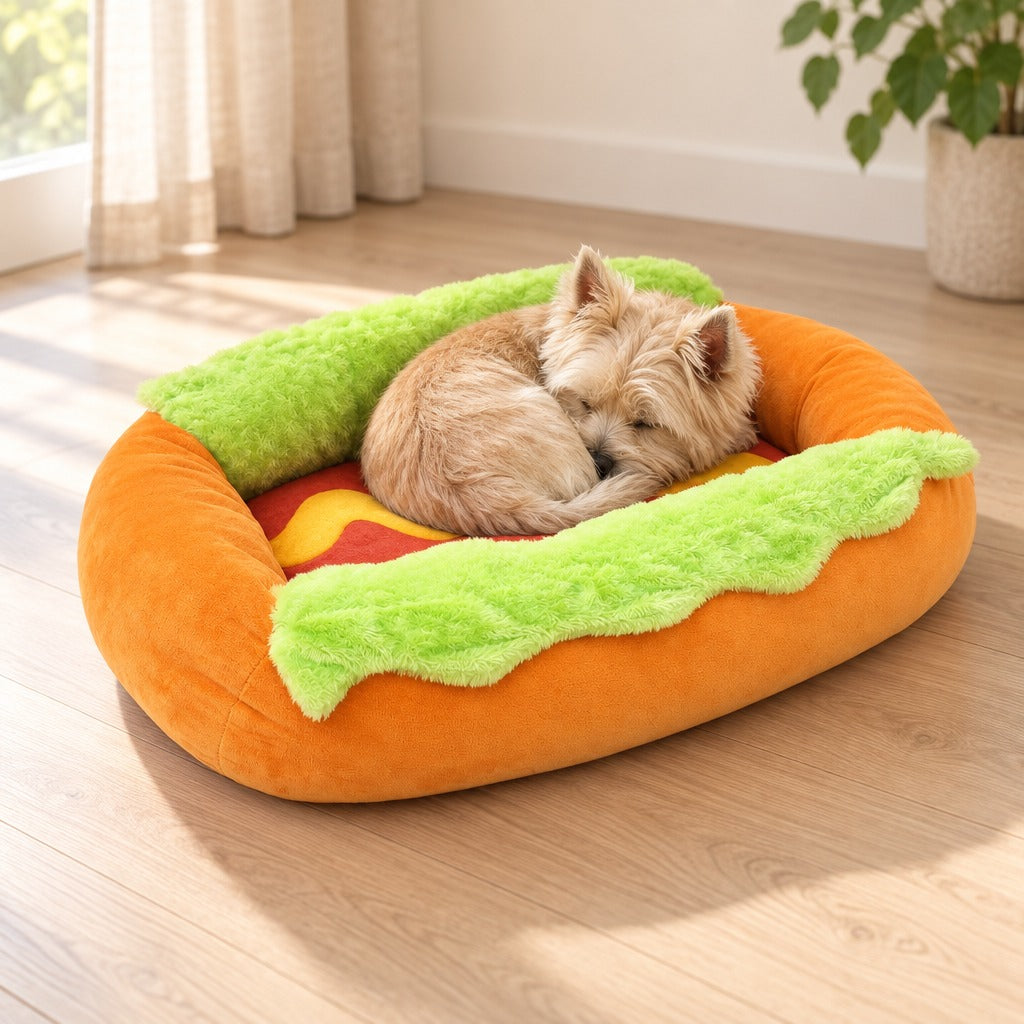 Un petit chien au poil crème couché en rond dans le nid petit pain orange, sur un parquet clair près d'une fenêtre.
