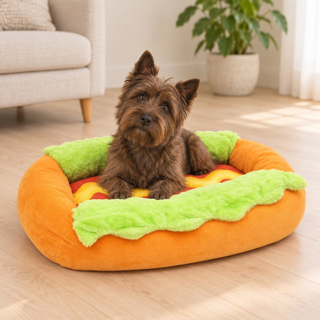 Un petit chien brun assis dans le nid petit pain orange, entre les deux bandes de peluche verte du rebord, dans un salon clair.