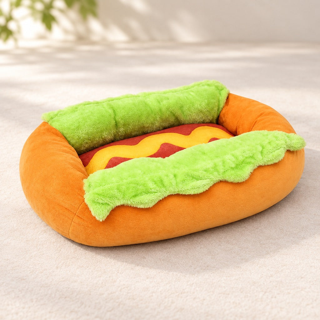 Le nid petit pain orange seul sur un plan clair, vu de trois quarts, son anneau fermé et ses deux bandes vertes bien visibles.