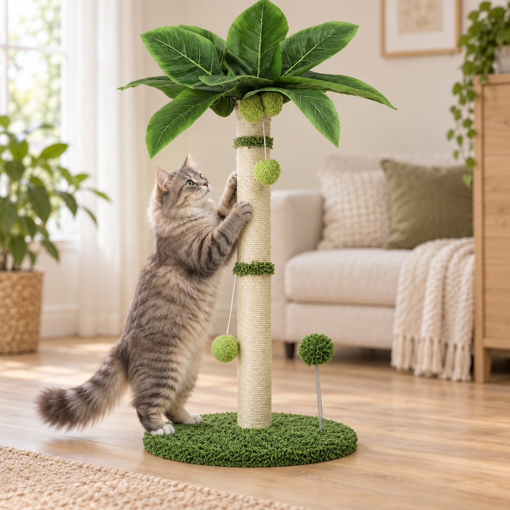 Le palmier vert foncé dans un salon, un chat dressé qui griffe le poteau de sisal