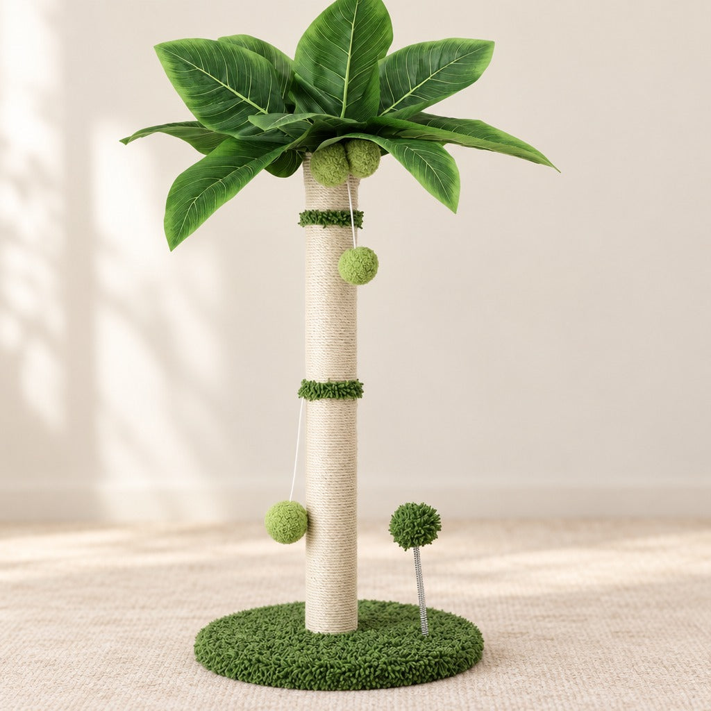 Le palmier vert foncé vu de face : socle, tronc en sisal, pompons et couronne