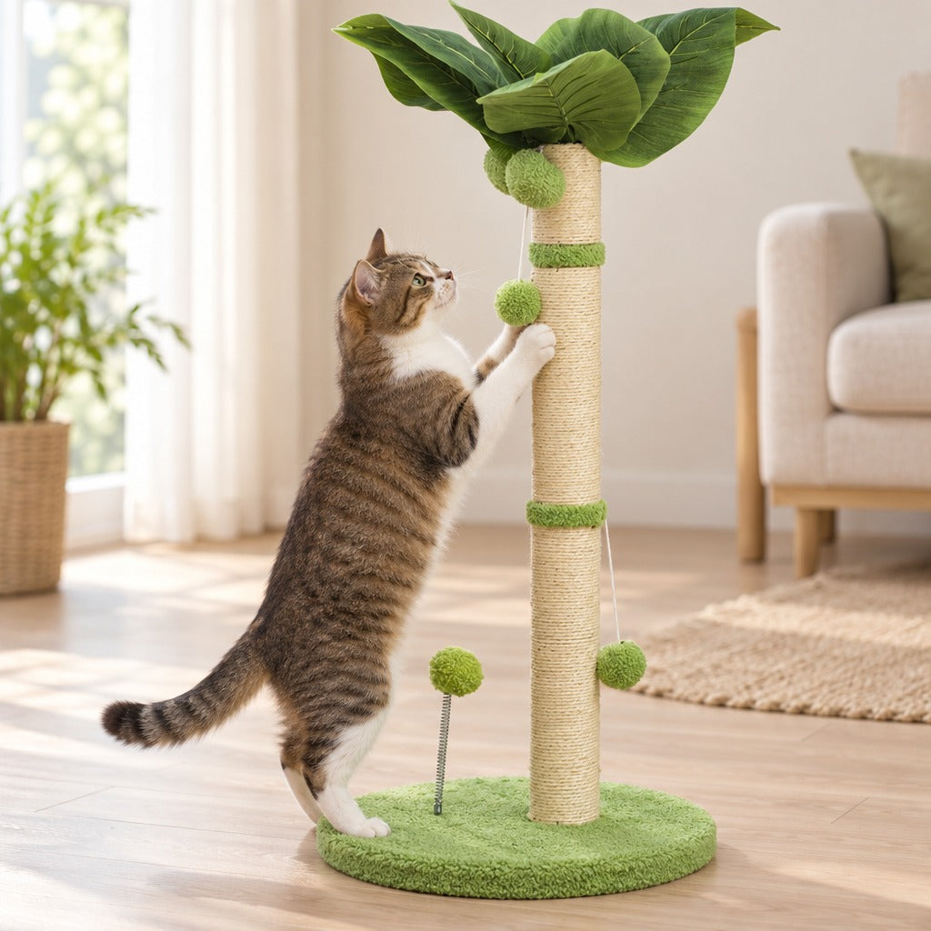 Le palmier en coloris Vert clair, un chat dressé sur le socle