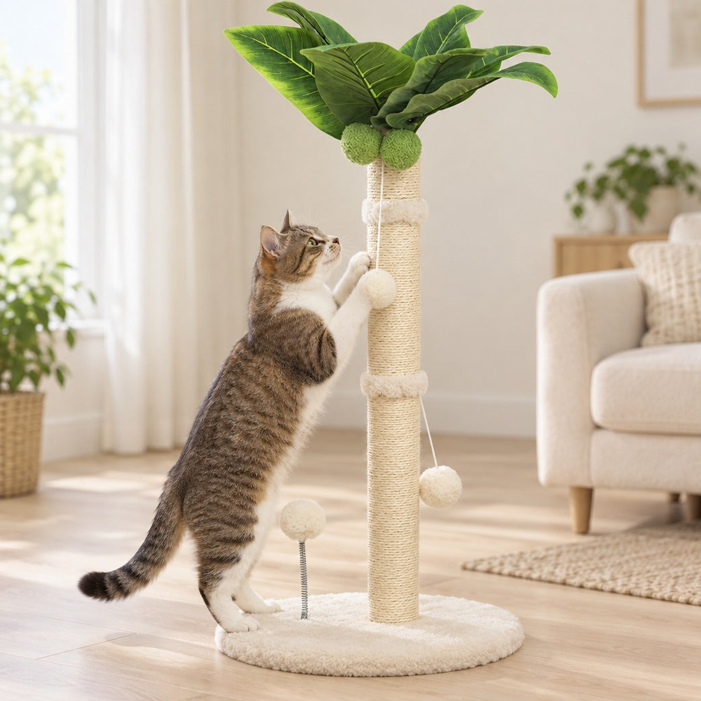 Le palmier en coloris Blanc, un chat dressé sur le socle