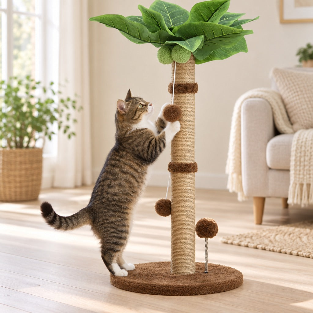 Le palmier en coloris Marron, un chat dressé sur le socle