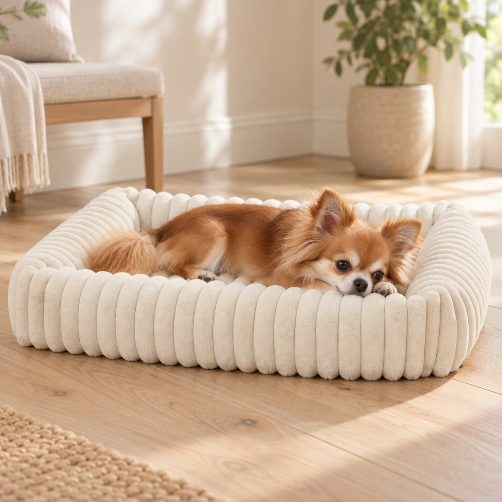 Chihuahua à poil long roux couché dans le panier cannelé crème, la tête posée sur le rebord.